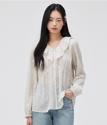 플라워 패턴 셔링 블라우스