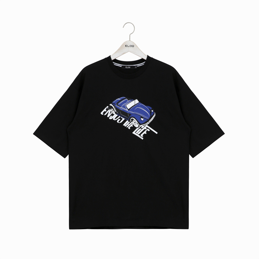 (유니)ENJOY LIFE 레터링 자동차 프린트 루즈핏 반팔 티셔츠