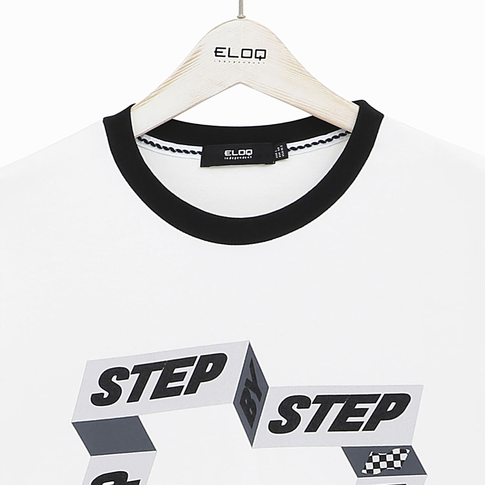 (유니) 루즈핏 앞판 STEP BY STEP 사각 프린팅 7부 티셔츠