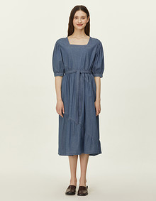 스퀘어넥 볼륨 소매 데님 원피스