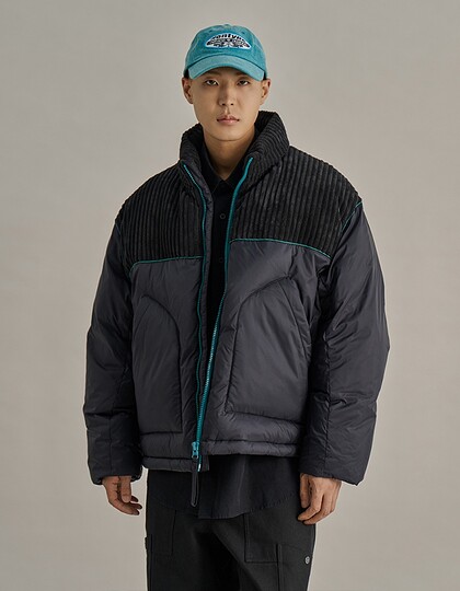 CORDUROY CONTRAST PIPING DOWN PARKA BLACK