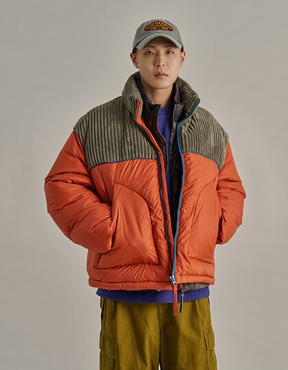 CORDUROY CONTRAST PIPING DOWN PARKA ORANGE