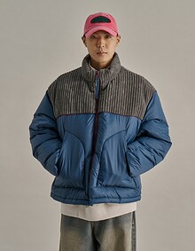 CORDUROY CONTRAST PIPING DOWN PARKA BLUE