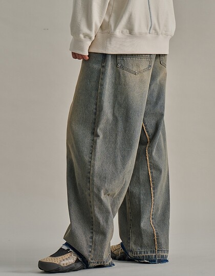 HEM CONTRAST WIDE DENIM PANTS BLUE