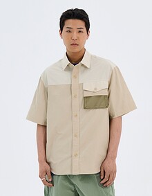 BLOCK PANELED MESH S/S SHIRTS (BEIGE)
