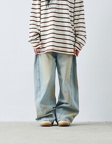 DUSTY WASHING CURVED DENIM PANTS (VINTAGE BLUE)