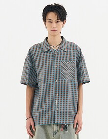 RETRO GRID CHECK CAMP COLLAR SHIRTS (BROWN)