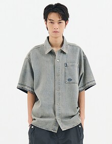 DUSTY WASHED DENIM HALF SHIRT (LIGHT BLUE)