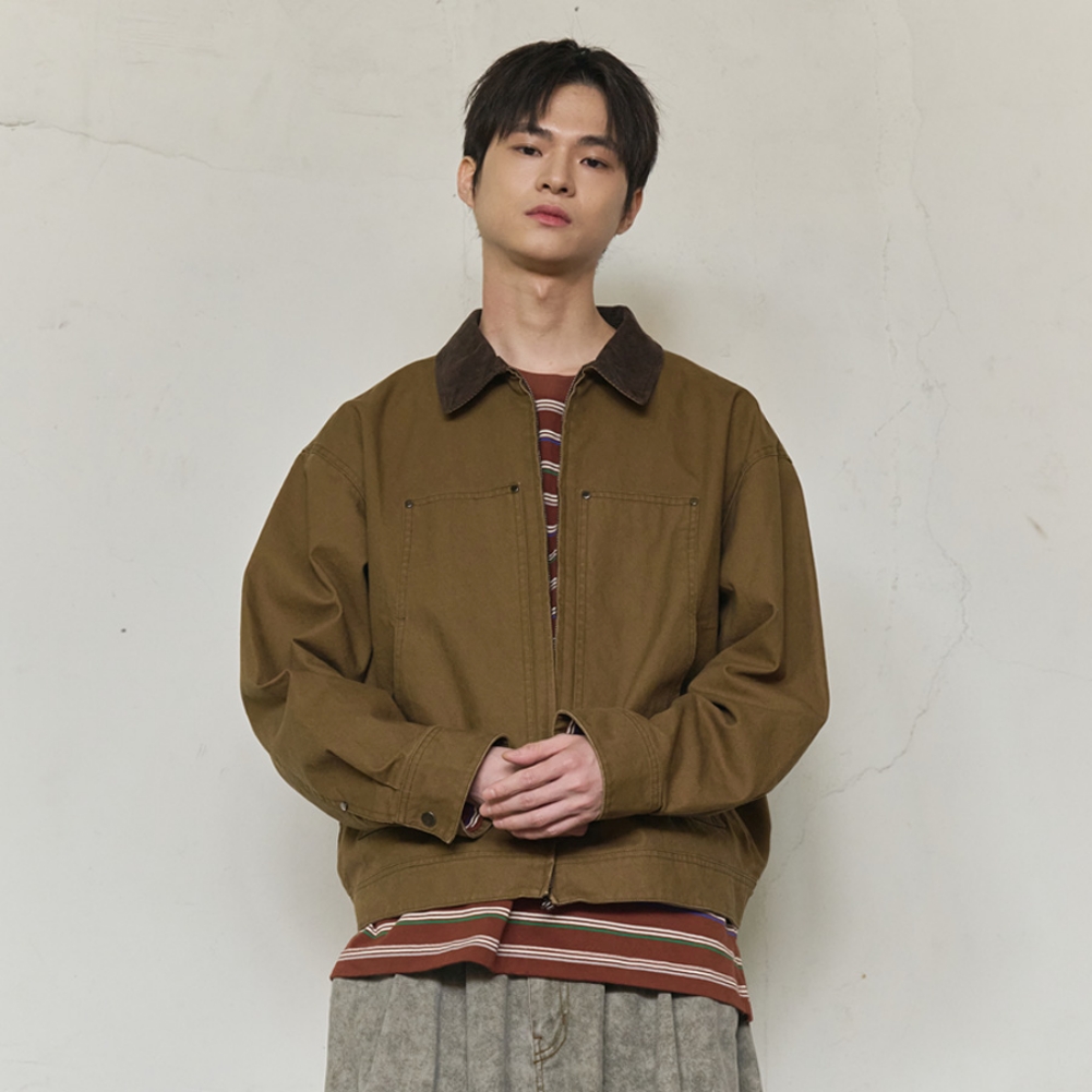 CORDUROY COLLAR CANVAS WORK JACKET (BROWN)