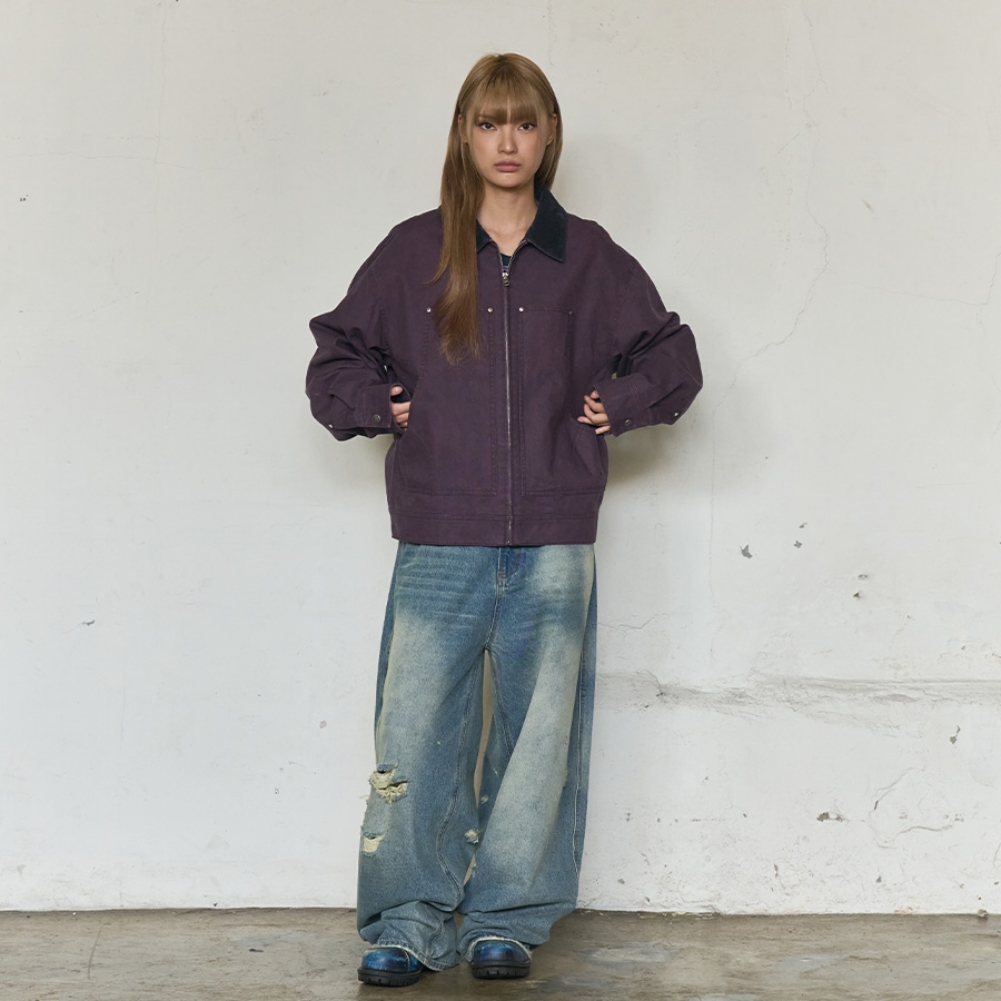 CORDUROY COLLAR CANVAS WORK JACKET (PURPLE)