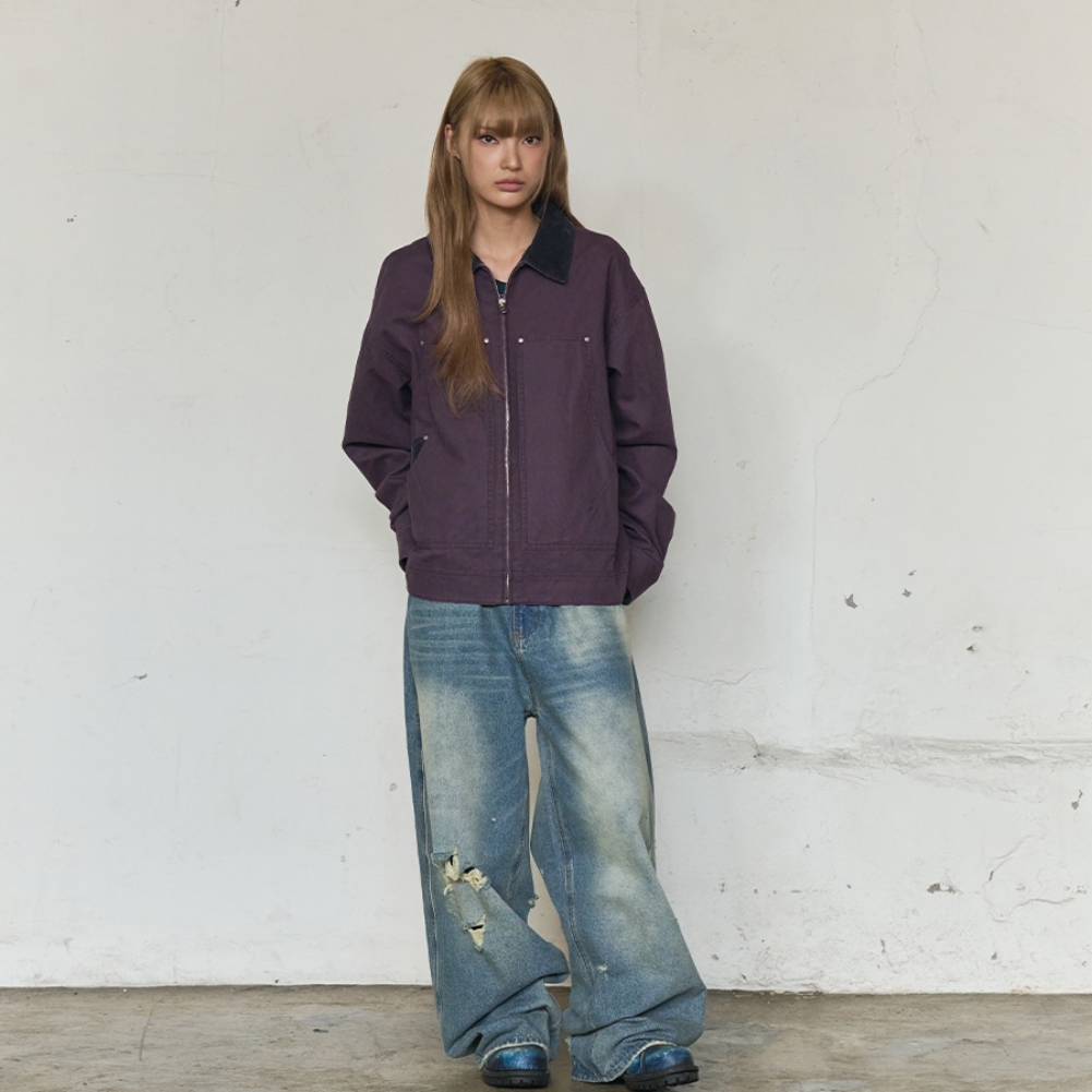 CORDUROY COLLAR CANVAS WORK JACKET (PURPLE)