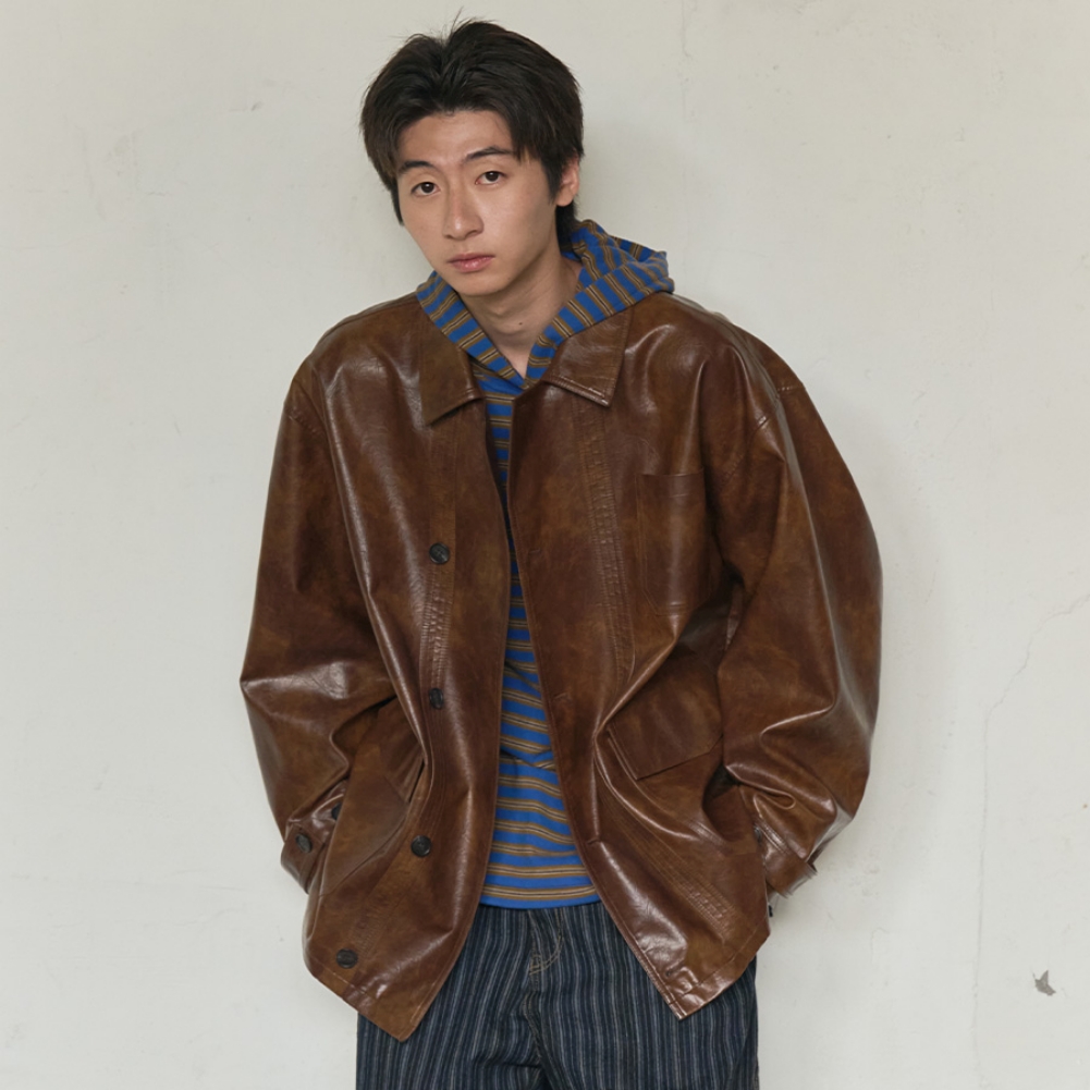 LEATHER WORK CAR COAT (BROWN)