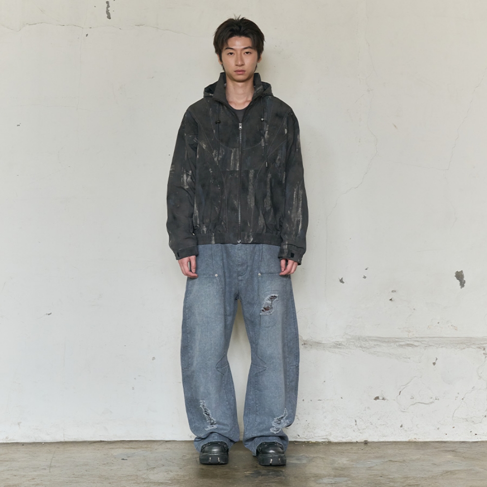 PAINT SPLATTER HOODED ZIP WINDBREAKER(CHARCOAL)