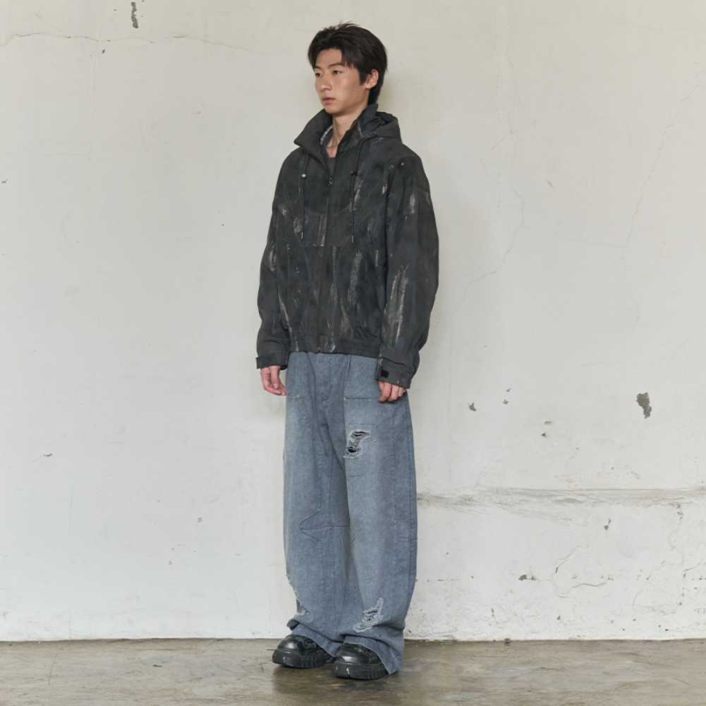 PAINT SPLATTER HOODED ZIP WINDBREAKER(CHARCOAL)