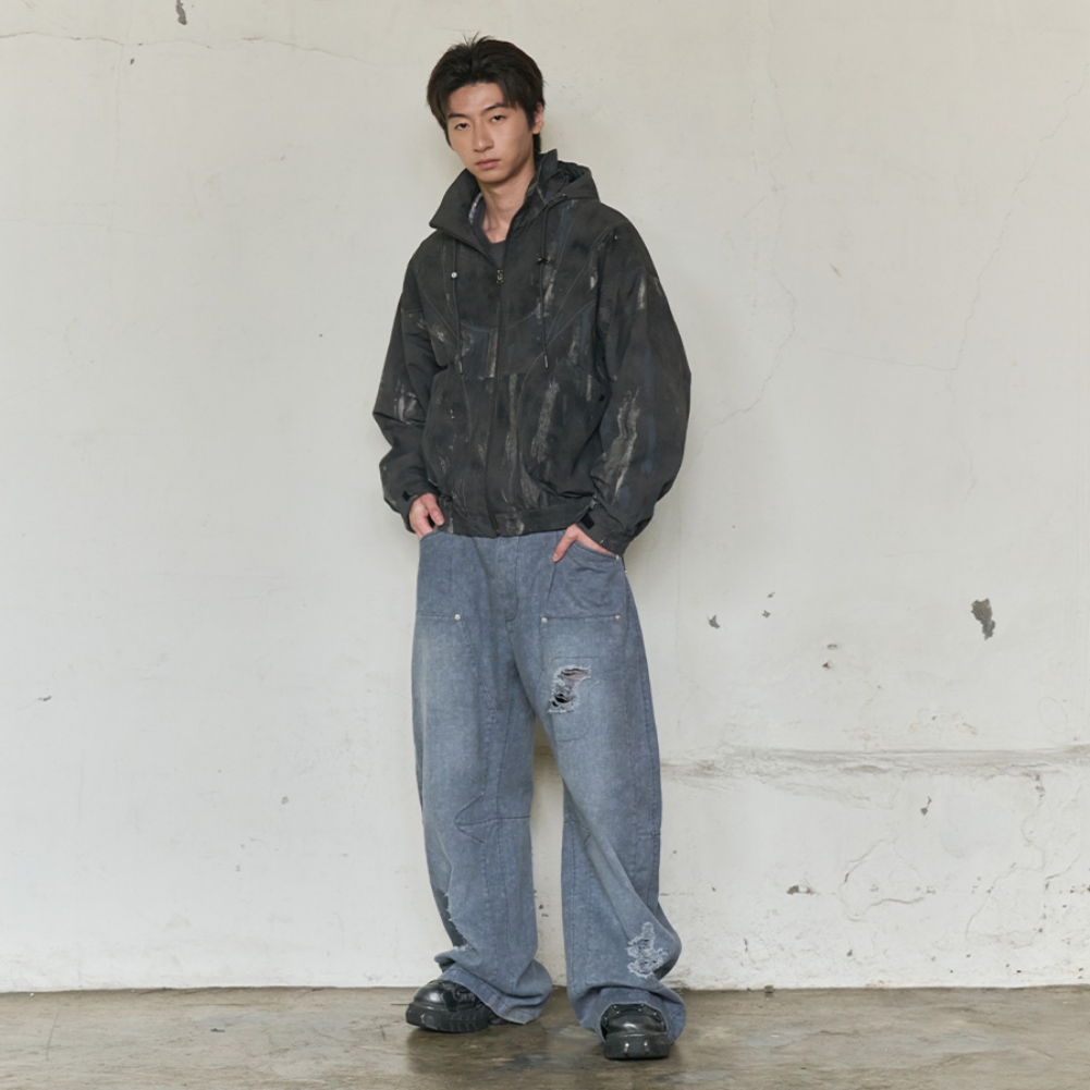 PAINT SPLATTER HOODED ZIP WINDBREAKER(CHARCOAL)