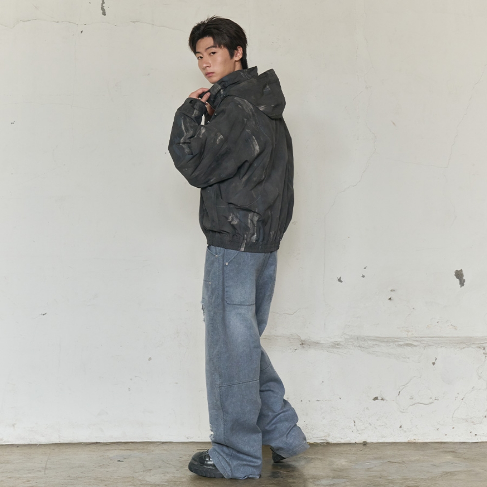 PAINT SPLATTER HOODED ZIP WINDBREAKER(CHARCOAL)