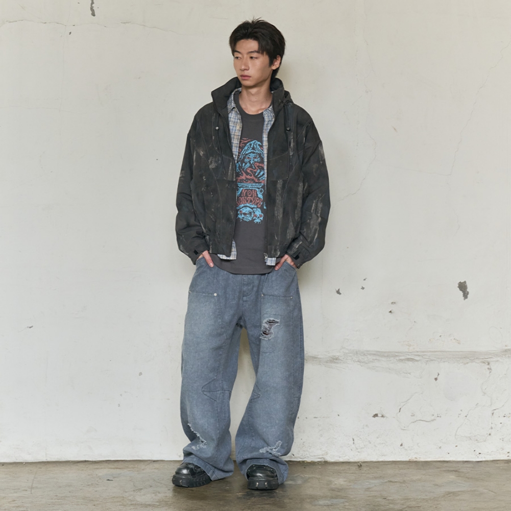 PAINT SPLATTER HOODED ZIP WINDBREAKER(CHARCOAL)