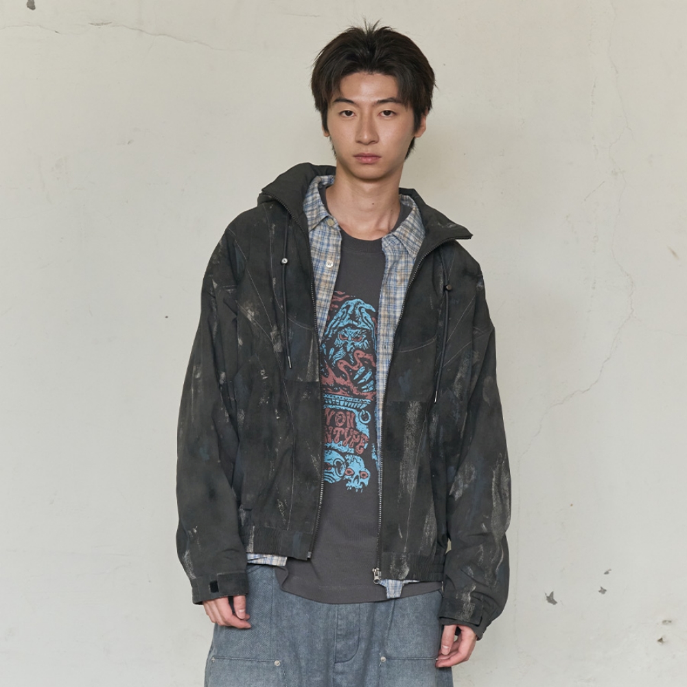 PAINT SPLATTER HOODED ZIP WINDBREAKER(CHARCOAL)