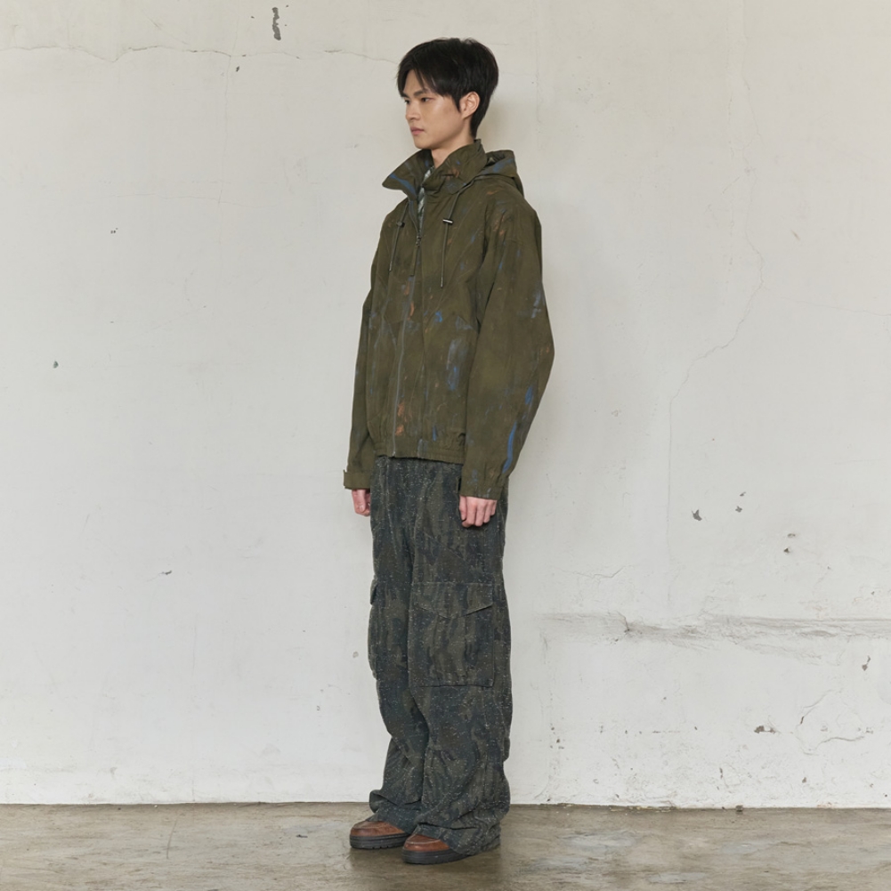 PAINT SPLATTER HOODED ZIP WINDBREAKER (KHAKI)