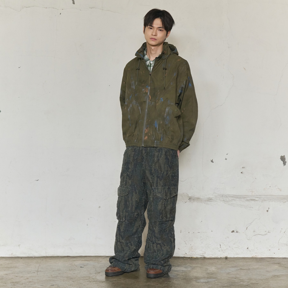 PAINT SPLATTER HOODED ZIP WINDBREAKER (KHAKI)