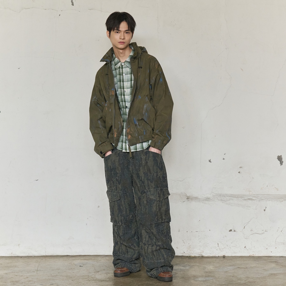 PAINT SPLATTER HOODED ZIP WINDBREAKER (KHAKI)