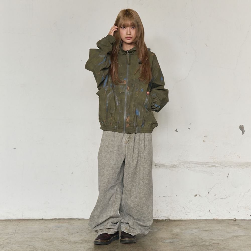 PAINT SPLATTER HOODED ZIP WINDBREAKER (KHAKI)