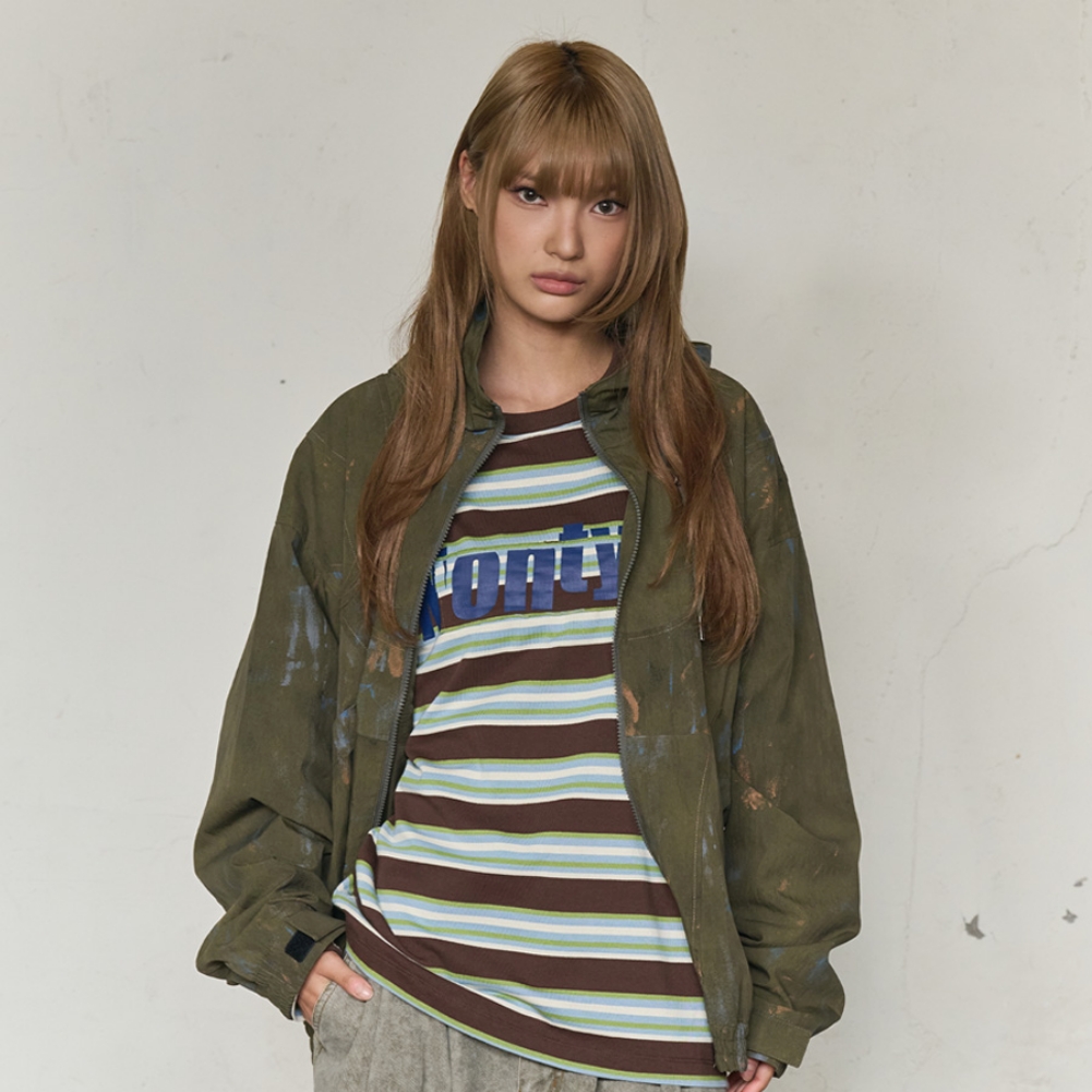PAINT SPLATTER HOODED ZIP WINDBREAKER (KHAKI)