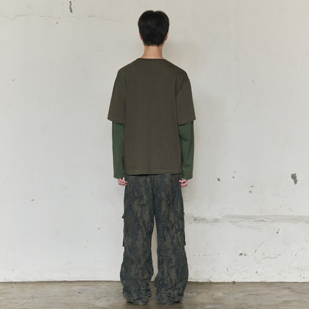 STRIPE LAYERED LONG SLEEVE (KHAKI)