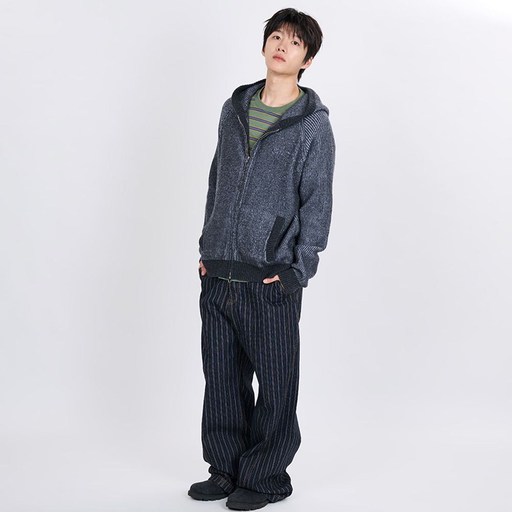 HOODED KNIT ZIP CARDIGAN (CHARCOAL)
