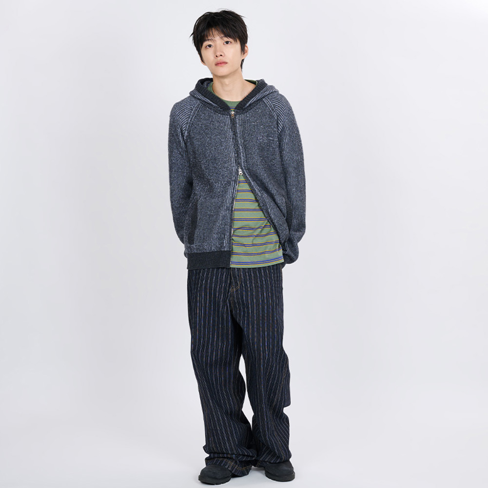 HOODED KNIT ZIP CARDIGAN (CHARCOAL)