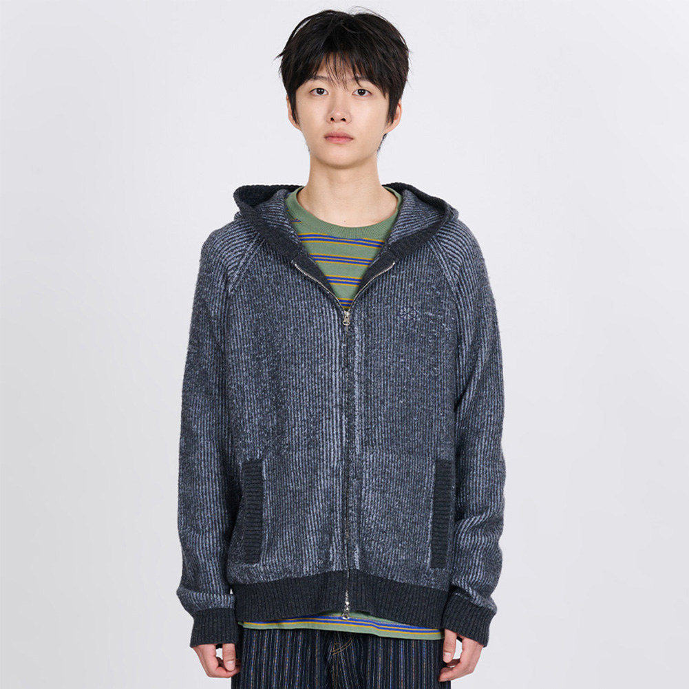 HOODED KNIT ZIP CARDIGAN (CHARCOAL)