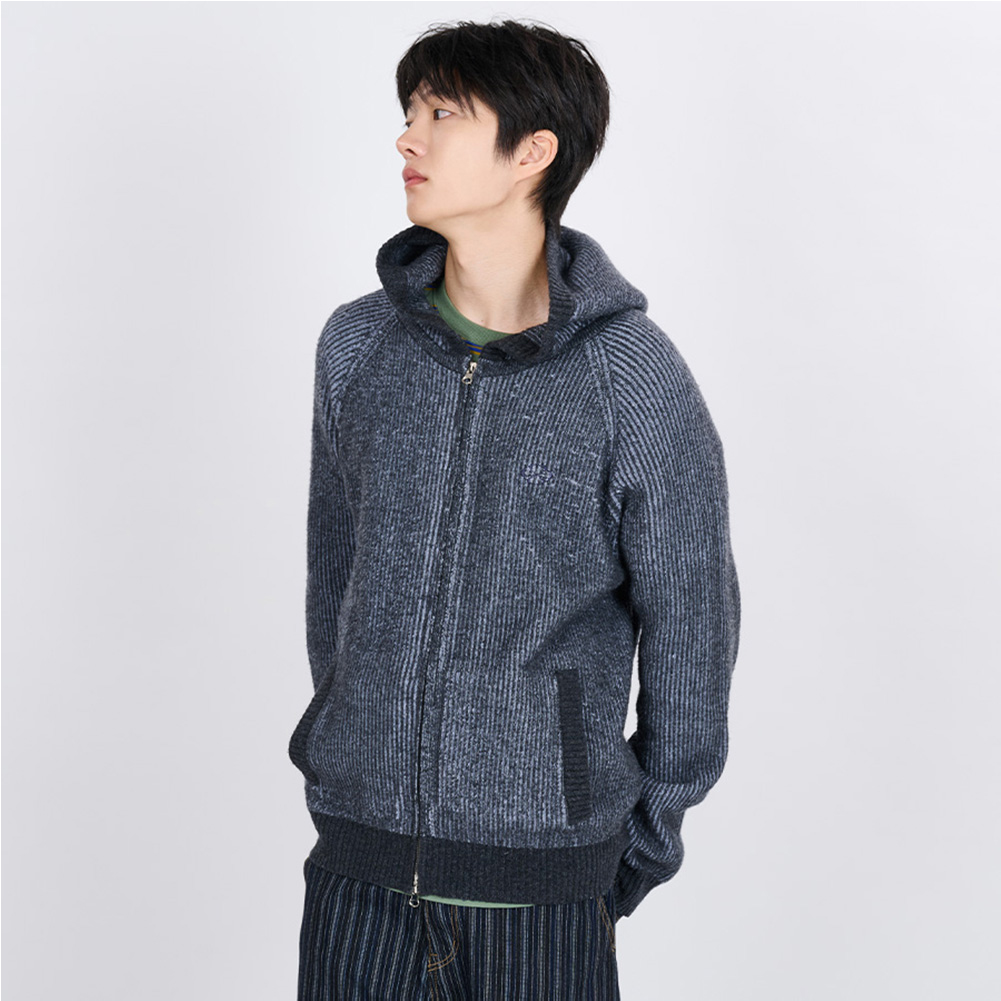 HOODED KNIT ZIP CARDIGAN (CHARCOAL)