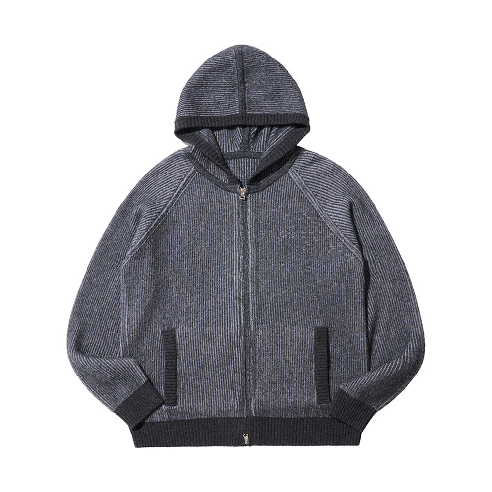 HOODED KNIT ZIP CARDIGAN (CHARCOAL)