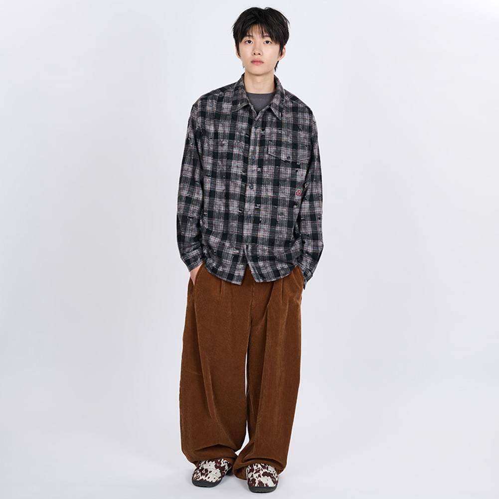 SCRATCH TEXTURE VINTAGE CHECK SHIRT (GRAY)