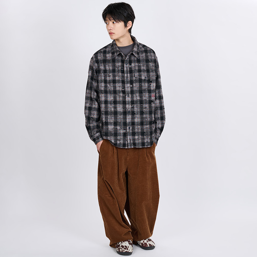 SCRATCH TEXTURE VINTAGE CHECK SHIRT (GRAY)