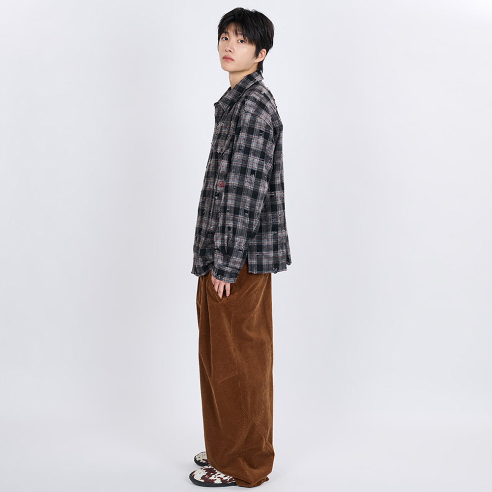 SCRATCH TEXTURE VINTAGE CHECK SHIRT (GRAY)