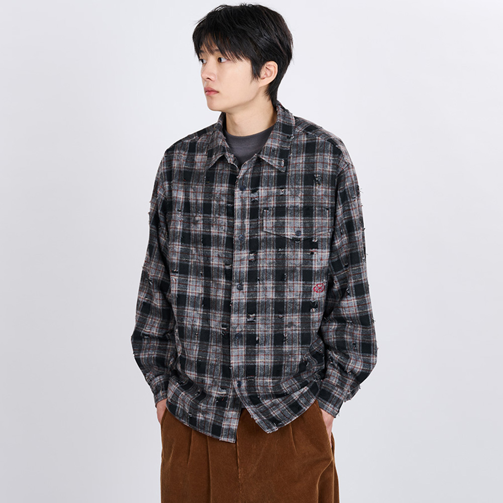 SCRATCH TEXTURE VINTAGE CHECK SHIRT (GRAY)