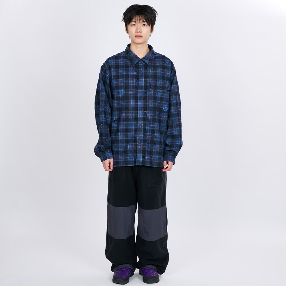 SCRATCH TEXTURE VINTAGE CHECK SHIRT (BLUE)