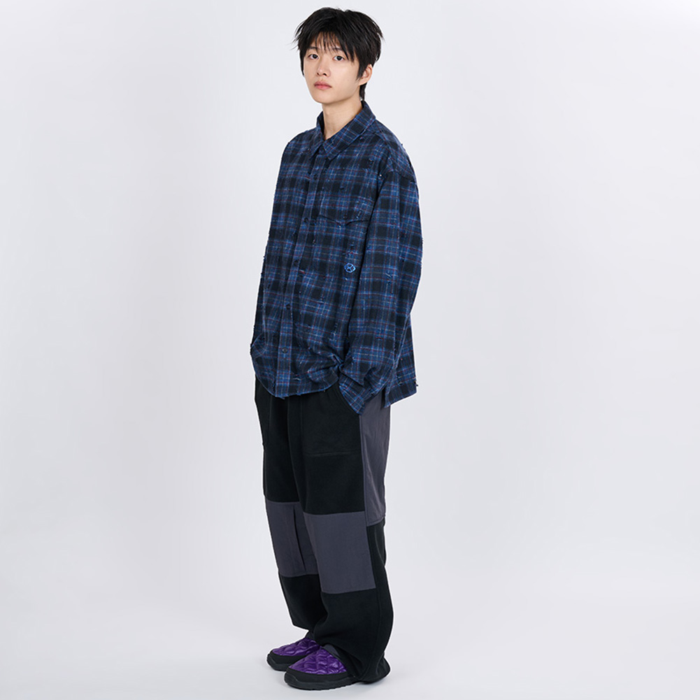 SCRATCH TEXTURE VINTAGE CHECK SHIRT (BLUE)