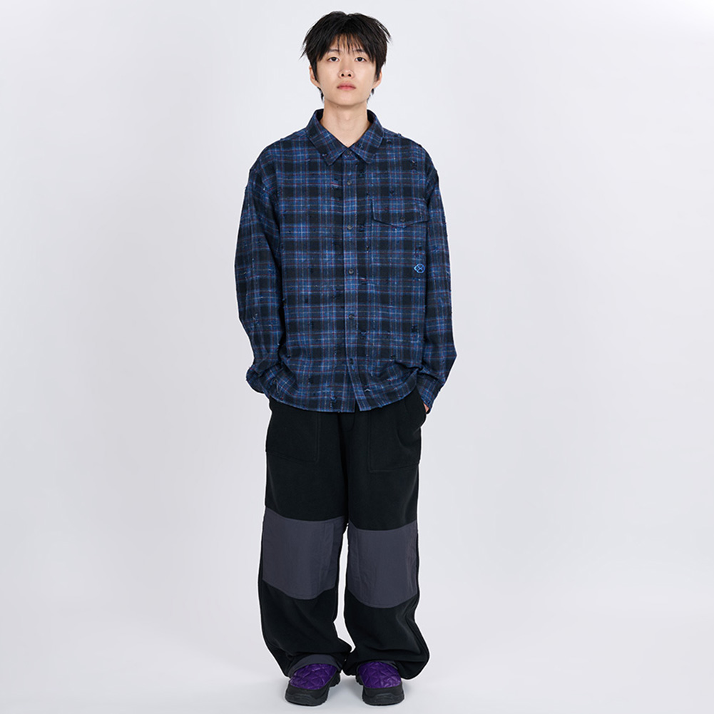 SCRATCH TEXTURE VINTAGE CHECK SHIRT (BLUE)