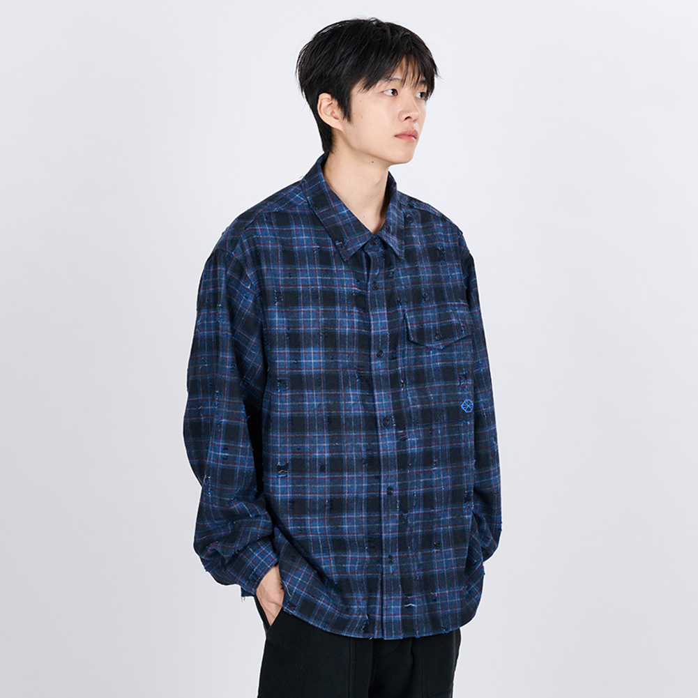 SCRATCH TEXTURE VINTAGE CHECK SHIRT (BLUE)