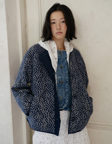 데님 배색 프릴 점퍼