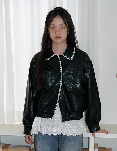 자수 포인트 블루종 레더 점퍼