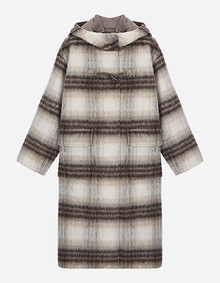 체크 후드 더플 롱 코트