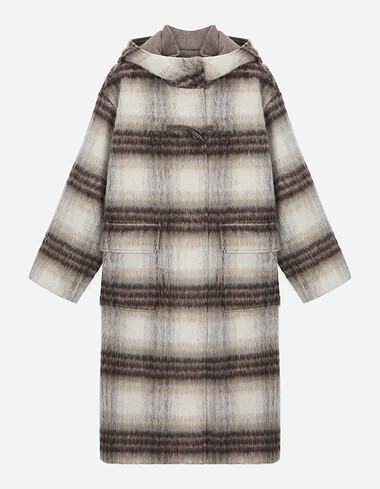 체크 후드 더플 롱 코트