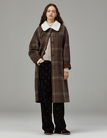 털 카라 탈부착 체크 롱 코트