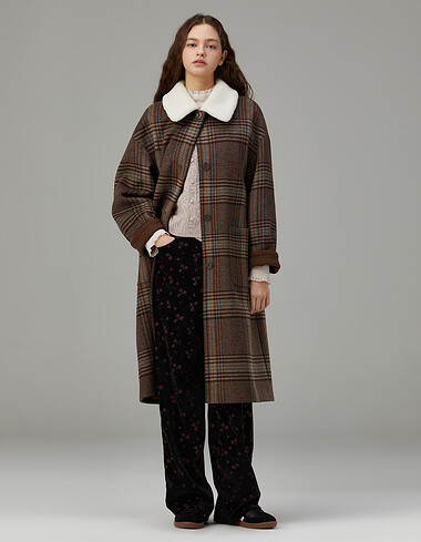 털 카라 탈부착 체크 롱 코트