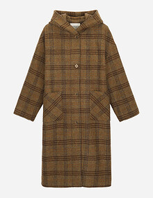 후드 체크 롱 코트