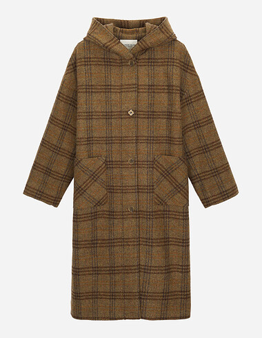 후드 체크 롱 코트