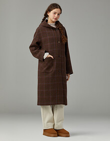 후드 체크 롱 코트
